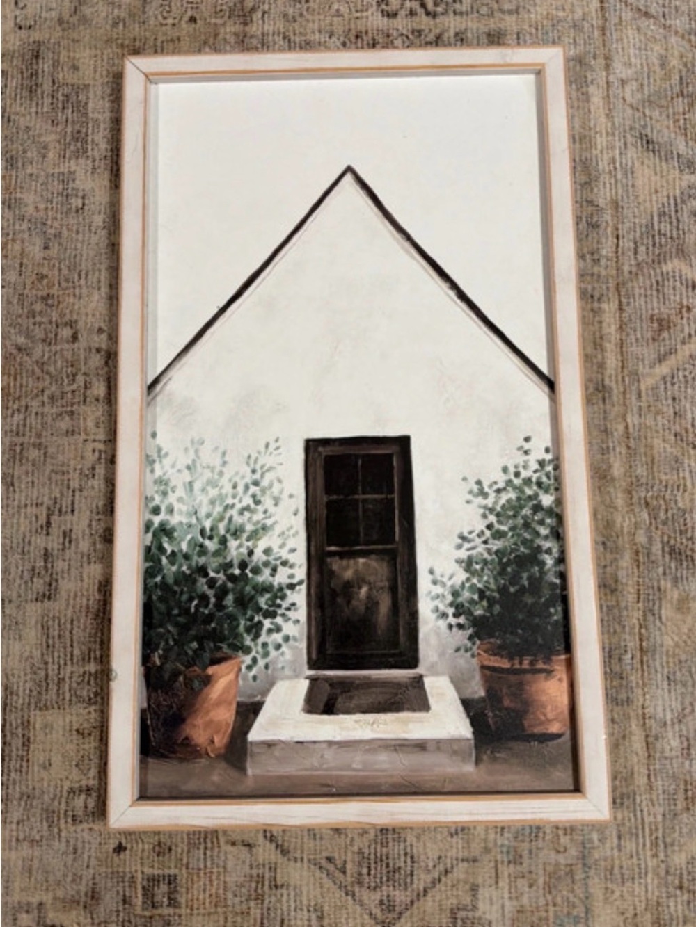 Hobby Lobby White House Facade Art with Green Foliage and Brown Door